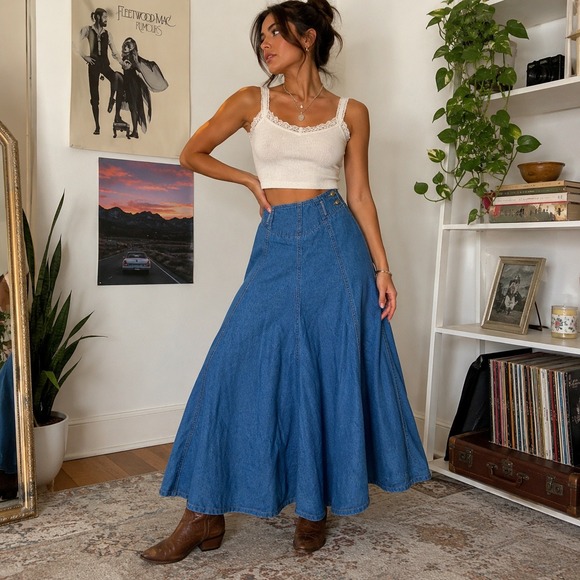lizwear Dresses & Skirts - LizWear Vintage 90's Denim Maxi Skirt Button Waist A-Line Full Sweep Blue Size M